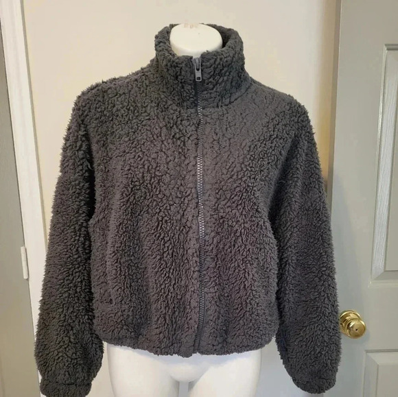 Urban Outfitters Willow Fuzzy Charcoal Drawstring Teddy Zipper Sherpa Jacket(M) - Picture 3 of 13
